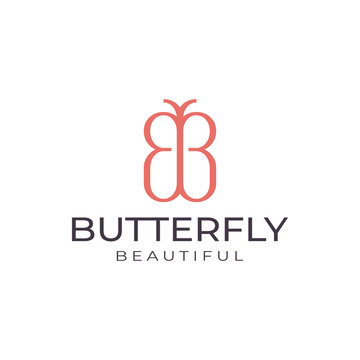 Modern Nature Template Logo Design Professional, Initials of Letter B or BB, Butterfly Insect Animals with Line or Stroke Style