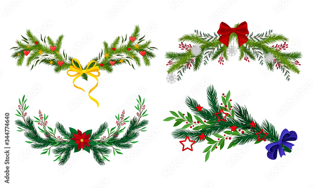Poster pine and fir tree branches decorated with ribbon and mistletoe vector set