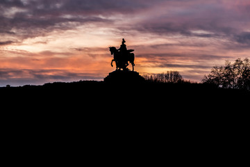 Colorful Sunrise burning sky Koblenz City historic monument German Corner where river rhine and mosele flow together