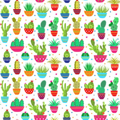 Botanical vector pattern of home plants succulents and cacti flat style. Big set for background, packaging paper, stickers