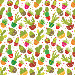 Botanical vector pattern of home plants succulents and cacti flat style. Big set for background, packaging paper, stickers