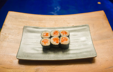delicious and delicate dish of Japanese sushi rolls on beautiful slate set up in traditional healthy Asian food and creative oriental dining concept - Japan gourmet cuisine