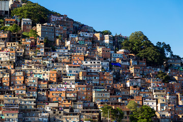 Favela of Rio de Janeiro, Brazil. Colorful houses in a hill. Zona Sul of Rio. Cantagalo hill. Poor neighborhoods of the city.