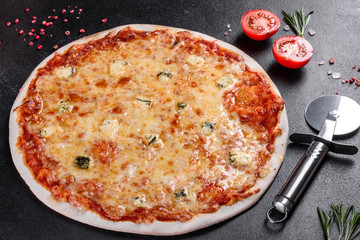 Delicious fresh oven cooked pizza four cheeses