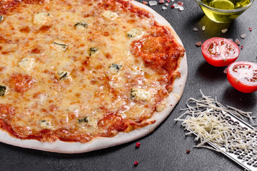 Delicious fresh oven cooked pizza four cheeses
