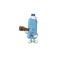 Mineral bottle in Sailor cartoon character style using a binocular