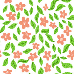 Vector floral pattern in doodle style with pink flowers and leaves. Gentle, spring floral background.