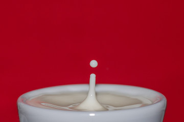drop of milk falling into a cup with red background