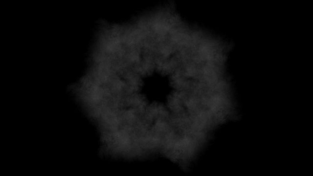 Low density smoke puff spreading concentrically outwards / Gunshot smoke / Shockwave smoke. Separated on pure black background, contains alpha channel.