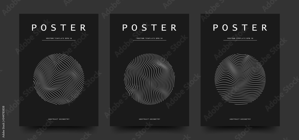 Poster minimalist black and white colors cover set. circle shape with abstract wavy lines pattern. vector d