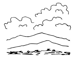 Simple vector drawing in black outline. Nature, landscape, weather, climate. Silhouette of mountains, clouds. Black and white ink sketch.