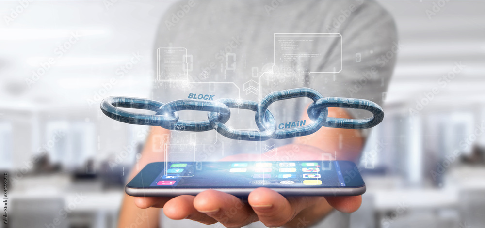 Poster businessman holding a virtual blockcahin with data - 3d rendering