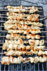 Chicken meat and champignon mushrooms skewers