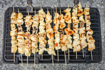 Chicken meat and champignon mushrooms skewers