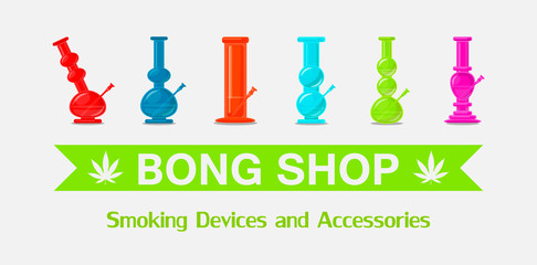  icon logo Bong set. 6 isolated bongs. All in realism syle, lovely bright and stylish.Cannabis shop banner.Bong poster