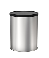 Round Metal Tin Can with Black Plastic Lid. Container for Coffee, Baby Food, Dry Milk, Sugar, Snacks, Candy or Tea. 3D Render Isolated on White Background.