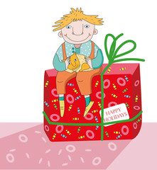 Happy boy with a cat in his hands sits on a big gift