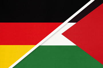 Germany vs Palestine, symbol of two national flags. Relationship between European and Asian countries.