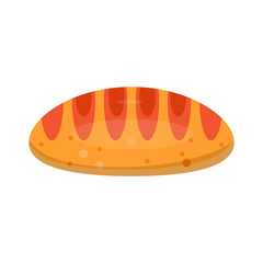 Loaf of white bread. Freshly baked bread with toasted crust. Flour product. Ingredient for toasts, sandwiches. Fresh bakery. Flat vector illustration.