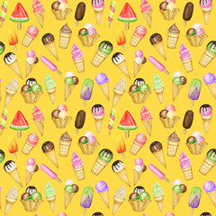 Summer Seamless pattern with Ice lollys, Ice-cream scoops decorated with chocolate in waffle cone. Watercolor illustration on bright yellow background. Fruit mix ice cream balls fabric textile design