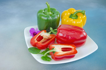 Sweet pepper dish on blue floor