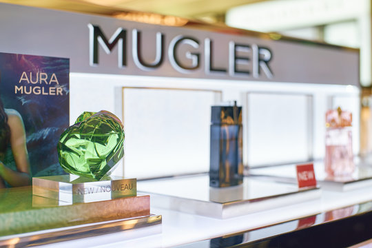 DUBAI, UAE - CIRCA FEBRUARY, 2019: perfumes on display in Duty Free at Dubai International Airport.