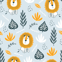 Seamless pattern with lion and hand drawn elements.