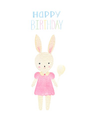 Happy birthday little baby card isolated on white background. Watercolor cute bunny girl with a balloon. Perfect for card, invitation. Children party.
