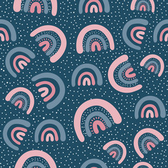 Seamless pattern with cloud and rainbow in the sky.  Creative kids hand drawn texture for fabric, wrapping, textile, wallpaper, apparel. Vector illustration
