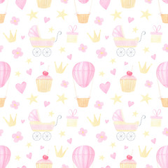 Watercolor seamless pattern with air balloon, stars, pram, candy, hearts on white background. Hand painted background for girl party, little princess wrapping papper, covers, scrapbooking.