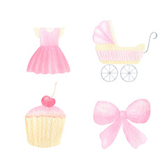 It's a girl watercolor clip art isolated on white background. Baby shower hand-painted elements. Happy birthday little baby. For invitation, card, announcement, birthday decoration. 