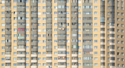 Fototapeta na wymiar The facade of an apartment building, Latishkih strelkov ulitsa 8, Saint Petersburg, Russia, August 2019