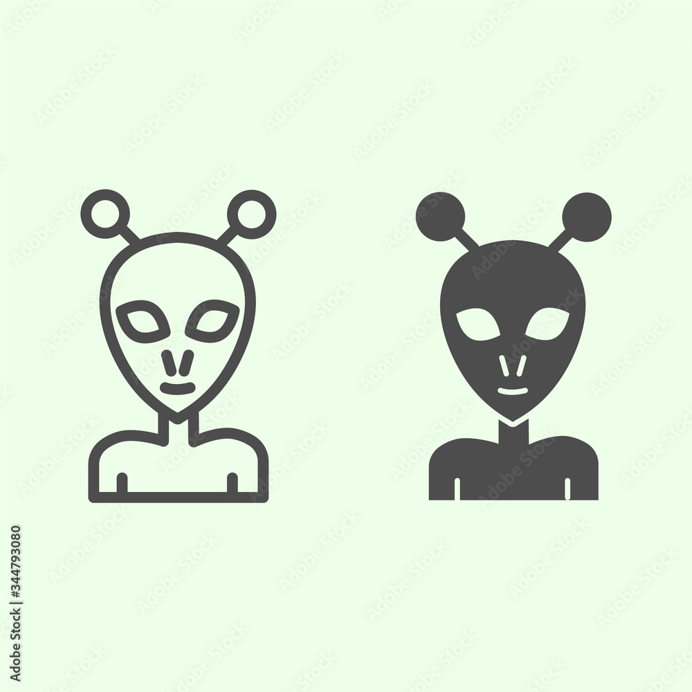 Poster alien line and solid icon. extraterrestrial foreigner with oval face and large eyes outline style pi