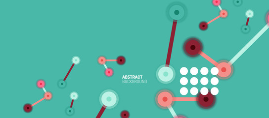 Flat style geometric abstract background, round dots or circle connections on color background. Technology network concept.