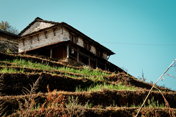 Fototapeta na wymiar Traditional Nepalese mud house in Poonhill Ghorepani Pokhara in Nepal