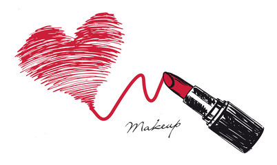 Makeup set. Lipstick hand drawn illustration. Grunge heart.