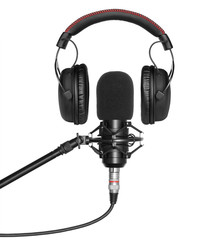 Studio microphone and headphones isolated on white