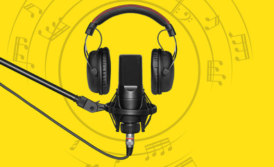 microphone and headphones over yellow background
