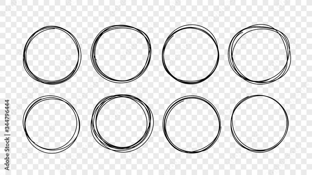 Poster Hand drawn circle line sketch set. Vector circular scribble elements for your unique design. Doodle round circles.