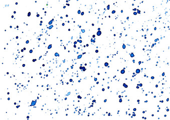 Water drops on white background. Abstract art wallpaper. Hand drawn watercolor illustration. Blue and indigo blots. Rain imitation. Romantic pattern