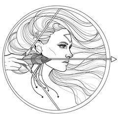 black and white girl sagittarius horoscope zodiac bow and arrow  - 344798424