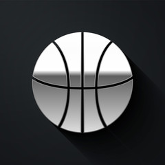 Silver Basketball ball icon isolated on black background. Sport symbol. Long shadow style. Vector Illustration