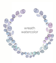 Hand drawn watercolor illustration. Botanical wreath of green branches eucalyptus and leaves. Spring mood. Floral Design elements. Perfect for invitations, greeting cards, prints, posters, packing etc