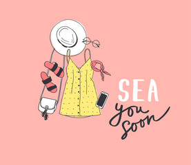 Hand drawn Fashion Illustration Summer Outfit and text. Season Look on Orange Vector Background and lettering. Artistic Doddle Drawing Actual Wear and quote. Creative Ink Art Work