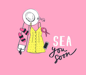 Hand drawn Fashion Illustration Summer Outfit and text. Season Look on Orange Vector Background and lettering. Artistic Doddle Drawing Actual Wear and quote. Creative Ink Art Work