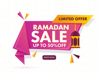 Islamic holy month of Ramdan Sale Banner Design with Hanging Lantern on White Backgound.