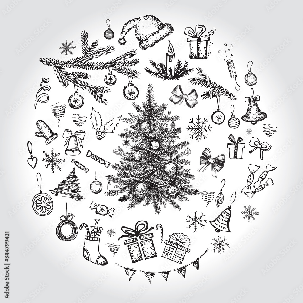 Wall mural Christmas pattern in sketch style. Hand drawn illustration.