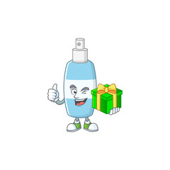 Smiley spray hand sanitizer cartoon character holding a gift box