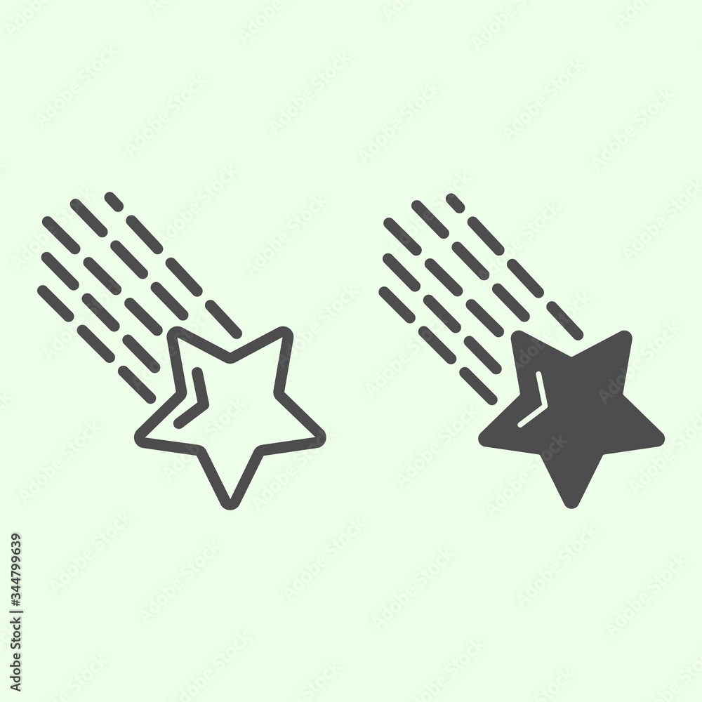 Poster shooting star line and solid icon. falling meteor star with tale in outer space outline style pictog