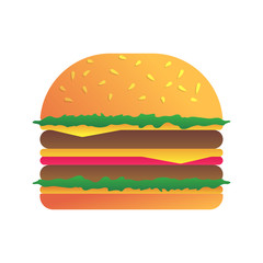Hamburger icon isolated on white background. Street food lunch and take away fast food menu. Delicious burger or sandwich from bun, cheese, meat cutlet, tomato and lettuce vector illustration.